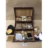 A JEWELLERY BOX FULL OF VINTAGE COSTUME JEWELLERY INCLUDES HOLLYWOOD, COMPACTS, STRATTON