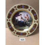 AN ANTIQUE ROYAL VIENNA HANDPAINTED PLATE WITH THE BEEHIVE MARK TO REAR, 24CM DIAMETER