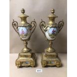 A PAIR OF FRENCH BRONZE AND HANDPAINTED PORCELAIN GARNITUES, 40CM