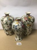 THREE VINTAGE PORCELAIN VASES OF BALUSTER FORM, DECORATED IN BIRDS AND FLOWERS WITH MARKINGS TO BASE