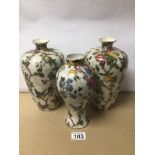 THREE VINTAGE PORCELAIN VASES OF BALUSTER FORM, DECORATED IN BIRDS AND FLOWERS WITH MARKINGS TO BASE