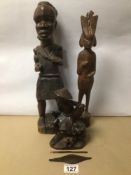TWO AFRICAN CARVED HARDWOOD FIGURES WITH A CHINESE CARVED HARDWOOD FIGURE LARGEST BEING 42CM IN