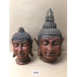 TWO WOODEN BUDDHA HEAD CARVINGS LARGEST BEING 32CM IN HEIGHT