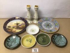 A MIXED LOT OF CERAMIC PLATEWARE AND A PAIR OF CANDLESTICKS, INCLUDES SUSIE COOPER, LOTUS,