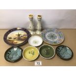 A MIXED LOT OF CERAMIC PLATEWARE AND A PAIR OF CANDLESTICKS, INCLUDES SUSIE COOPER, LOTUS,