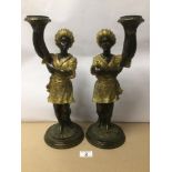 A VINTAGE PAIR OF BRONZED RESIN BLACKAMOOR CANDLESTICKS A/F 39CM