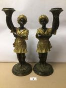 A VINTAGE PAIR OF BRONZED RESIN BLACKAMOOR CANDLESTICKS A/F 39CM
