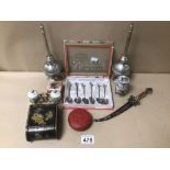 MIXED ITEMS, PERSIAN SCIMITAR LETTER OPENER ISLAMIC DECORATED ROSEWATER SPRINKLERS, WHITE METAL