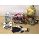 MIXED VINTAGE TOYS INCLUDES A BOXED FRENCH FIRE ENGINE, GLOBE AND MORE