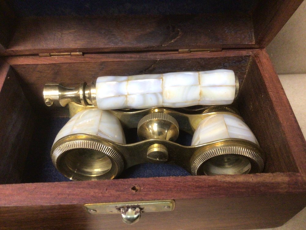 A PAIR OF MOTHER OF PEARL GLASSES IN TEAK BOX WITH TWO MONOCULAR MICROSCOPES, ONE BOX WITH SLIDES - Image 2 of 6