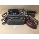 SIX VINTAGE FLAT IRONS, INCLUDES SOME ELECTRIC
