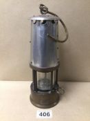 A VINTAGE BRITISH MINERS LAMP, 24CM