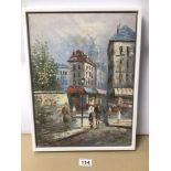 A FRAMED OIL ON CANVAS OF A PARISIAN STREET SCENE SIGNED BURNETT 33CM X 43CM