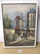 A FRAMED OIL ON CANVAS OF A PARISIAN STREET SCENE SIGNED BURNETT 33CM X 43CM