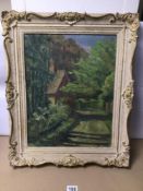 A FRAMED WITH GILT BORDERS OIL ON BOARD INITIALLED H.S. TITLED AND LABELLED ON VERSO ‘A SUSSEX LANE’