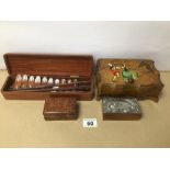 FOUR WOODEN BOXES INCLUDES A MUSIC JEWELLERY BOX AND A MOTHER OF PEARL INLAY BOX OF CHOPSTICKS,