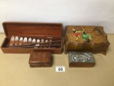 FOUR WOODEN BOXES INCLUDES A MUSIC JEWELLERY BOX AND A MOTHER OF PEARL INLAY BOX OF CHOPSTICKS,