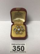 AN EDWARDIAN YELLOW METAL BROOCH WITH OPAL & SEED PEARLS STAMPED 15CT, 4G