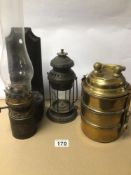 TWO VINTAGE OIL LANTERNS / LAMPS WITH A VINTAGE BRASS THREE COMPARTMENT AND LID TIFFIN BOX LARGEST