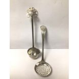 AN ARTS'N'CRAFTS HALLMARKED SILVER TODDY LADLE, 15CM & A VICTORIAN HALLMARKED SILVER SIFTER SPOON,