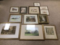 TWELVE PAINTINGS AND PRINTS FRAMED AND GLAZED SOME LOCAL SCENES, LARGEST 51 X 38CM