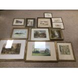 TWELVE PAINTINGS AND PRINTS FRAMED AND GLAZED SOME LOCAL SCENES, LARGEST 51 X 38CM