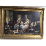 A GILDED FRAMED OIL ON CANVAS OF A FAMILY SCENE, 110 X 79CM