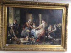 A GILDED FRAMED OIL ON CANVAS OF A FAMILY SCENE, 110 X 79CM