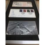 A FRAMED AND GLAZED COMMEMORATIVE STAMPS FOR CLIMBING MOUNT EVEREST 25TH ANNIVERSARY, 32 X 49CM