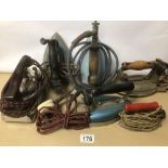 SIX VINTAGE ELECTRIC IRONS, INCLUDES PIFCO, HOOVER DOMESTIC IRON, AND MORE