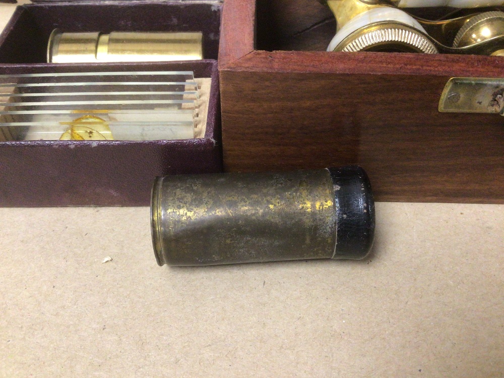 A PAIR OF MOTHER OF PEARL GLASSES IN TEAK BOX WITH TWO MONOCULAR MICROSCOPES, ONE BOX WITH SLIDES - Image 4 of 6