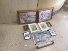 TWO MARILYN SIMANDLE PRINTS, FOUR CHINESE SILK PAINTINGS TWO CHILDREN PORTRAIT PRINTS, AND A SPANISH