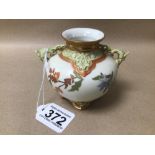 A ROYAL WORCESTER TWIN HANDLED BLUSH IVORY BALUSTER VASE, DECORATED WITH FLOWERS, AND MARKINGS TO