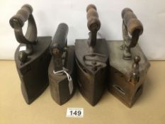 FOUR EARLY VINTAGE SAD IRONS, INCLUDES CAST IRON