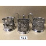THREE SILVER PLATED FILIGREE CUP HOLDERS