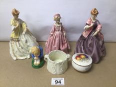 SIX ITEMS OF ROYAL WORCESTER INCLUDES FOUR FIGURES SUGAR BOWL AND A LIDDED POT