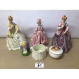 SIX ITEMS OF ROYAL WORCESTER INCLUDES FOUR FIGURES SUGAR BOWL AND A LIDDED POT