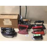 SEVEN VINTAGE FLAT IRONS, SOME INCLUDING ELECTRIC AND TWO BOXED