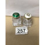 A PAIR OF NORWEIGAN GLASS SILVER GILT AND ENAMEL SALT AND PEPPER SHAKERS, ONE A/F