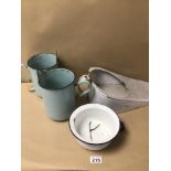 FOUR VINTAGE ENAMEL POTS AND JUGS, INCLUDES A PAIR OF WALL MOUNTED MEASURING JUGS AND MORE