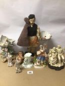 A MIXED COLLECTION OF CERAMIC FIGURINES INCLUDING ONE WITH ARTICULATED ARMS, LARGEST IS 38CM IN