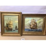 TWO FRAMED OIL ON CANVAS PAINTINGS OF SHIPS WITH ONE SIGNED TO BACK D.HOEPPLI DATED 1975 LARGEST