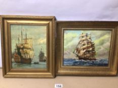 TWO FRAMED OIL ON CANVAS PAINTINGS OF SHIPS WITH ONE SIGNED TO BACK D.HOEPPLI DATED 1975 LARGEST