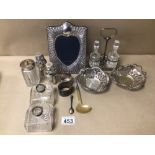 A WHITE METAL HEART SHAPED PHOTO FRAME, TWO BOTTLE CONDIMENT STAN WITH SUNDRY SMALL ITEMS