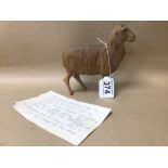 A WW1 TRENCH ART WOOD CARVING OF A SHEEP, CARVED BY A PRISONER OF WAR, COMES WITH PAPERWORK 16CM X
