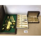 TWO BOXED SET OF SIX HORN / BONE TEA SPOONS TOGETHER WITH A PART SET YELLOW METAL FLATWARE A/F