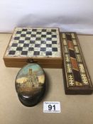 A HARDSTONE CHESS SET IN BOX WITH CHESSBOARD TOP, AN INLAID CRIBBAGE BOARD, AND A RUSSIAN OVAL