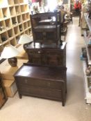 THREE PIECES OF VINTAGE OAK FURNITURE, TEA TROLLEY, TWO DRAWER CHEST AND CUPBOARD