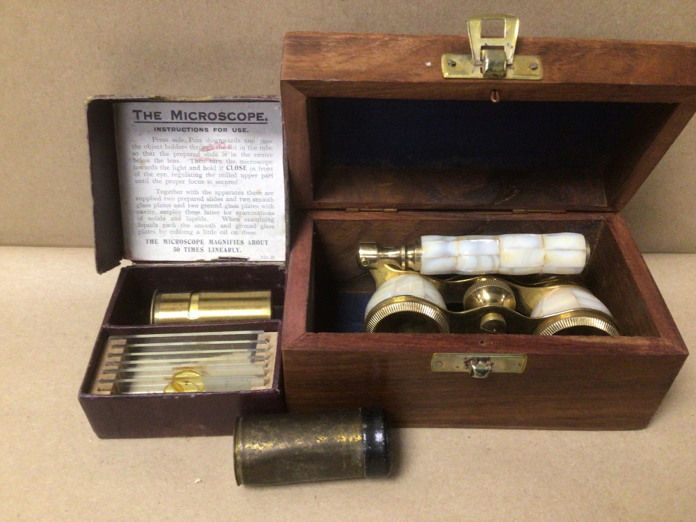 A PAIR OF MOTHER OF PEARL GLASSES IN TEAK BOX WITH TWO MONOCULAR MICROSCOPES, ONE BOX WITH SLIDES