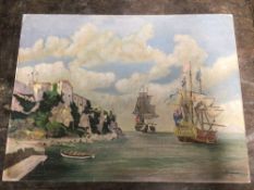 AN UNFRAMED OIL ON BOARD OF SHIPS ON COASTLINE SIGNED HEQUERR'S 61 X 46CM